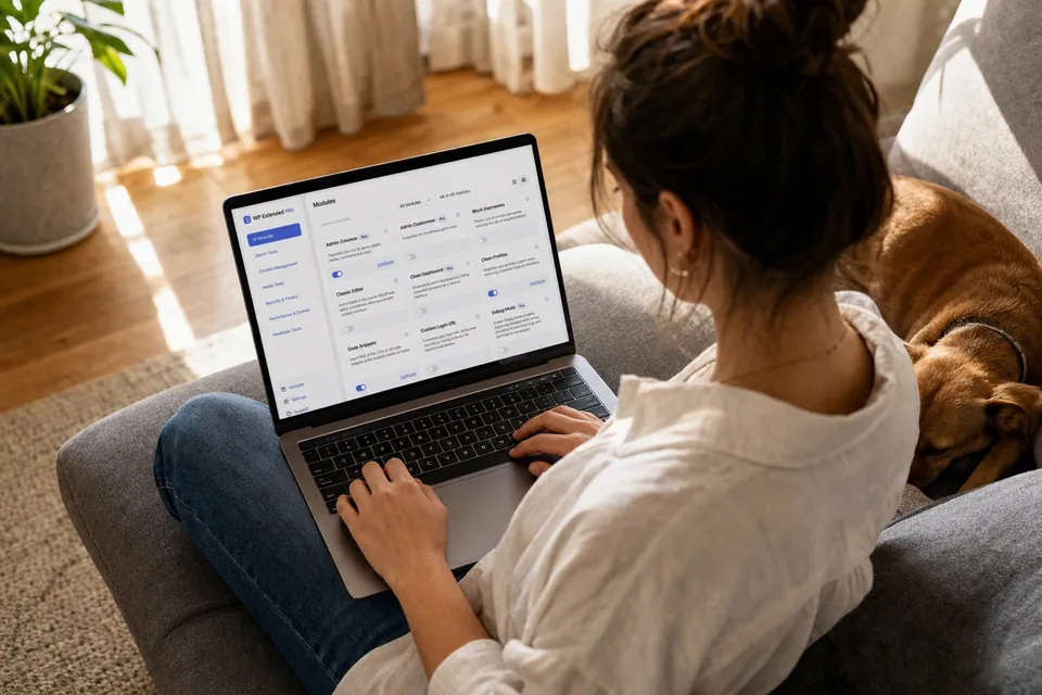 A freelance web designer on a sofa with WP Extended open on her laptop