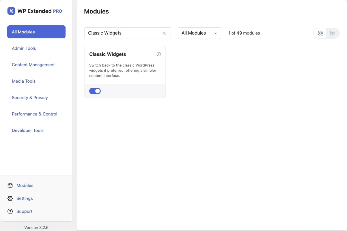 The Classic Widgets module switched on in WP Extended