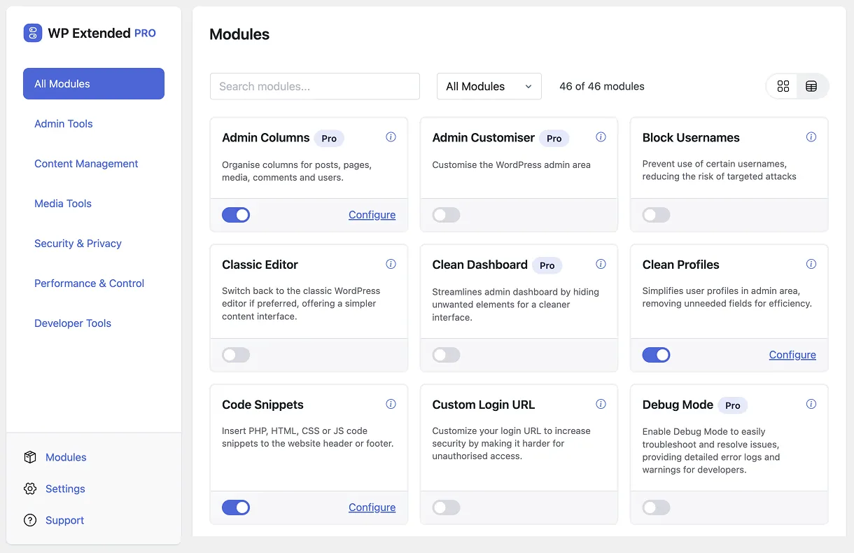 The WP Extended module manager, with categories, search and an on/off switch for each module