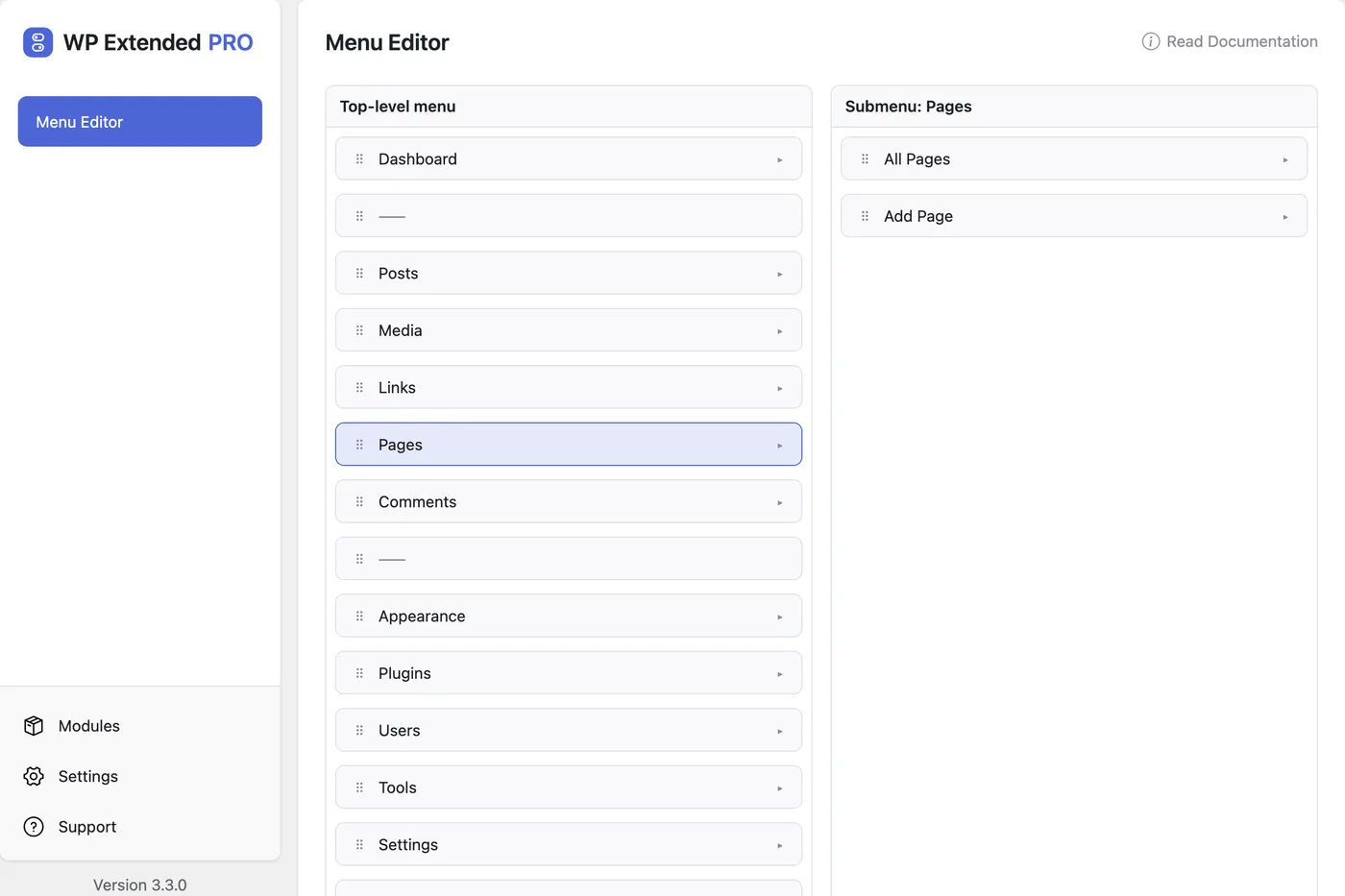 Menu Editor in WP Extended, with the top-level admin menu and the Pages submenu
