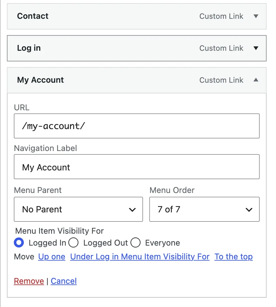 Menu Item Visibility For setting on a WordPress navigation menu item, set to Logged In